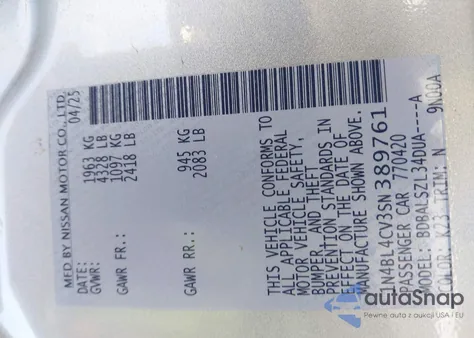 2025 Nissan Altima Sr Fwd z USA, uszkodzony, nr VIN 1N4BL4CV3SN389761